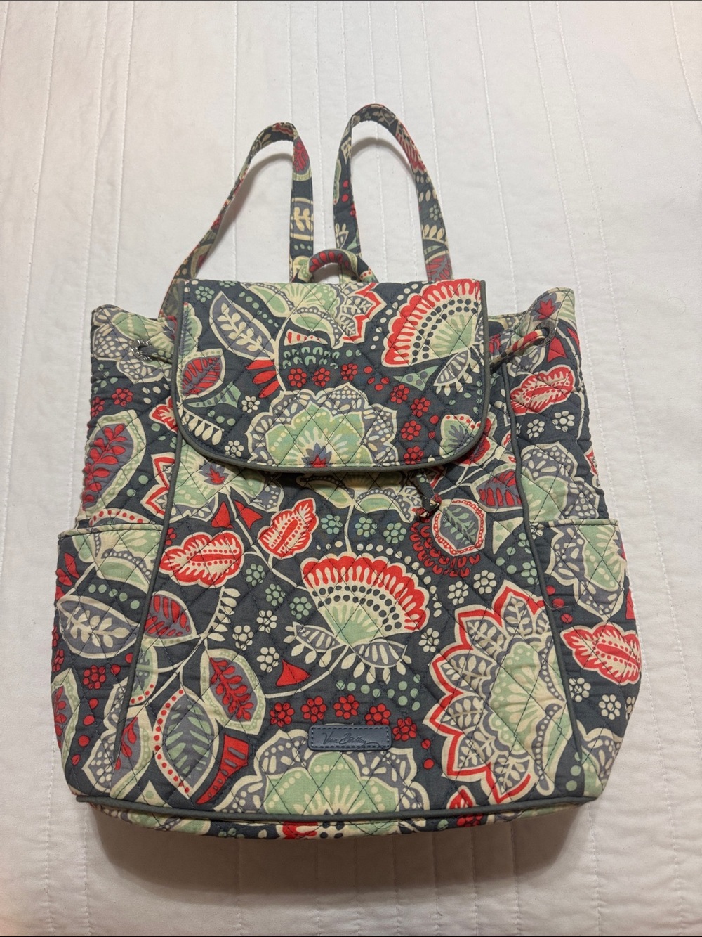 Vera Bradley Quilted Floral Backpack in Gray, Red & Light Green